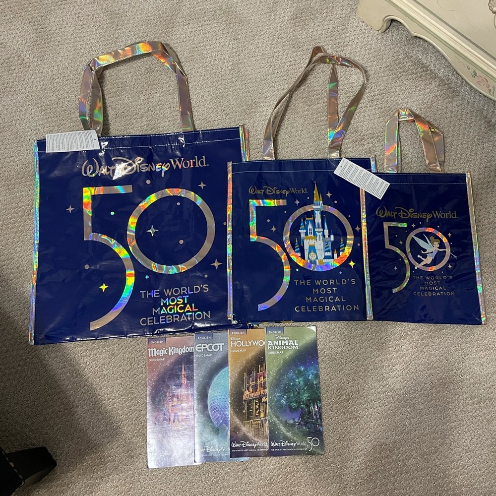 Walt Disney World 50th Anniversary Reusable Bags and 4 park maps